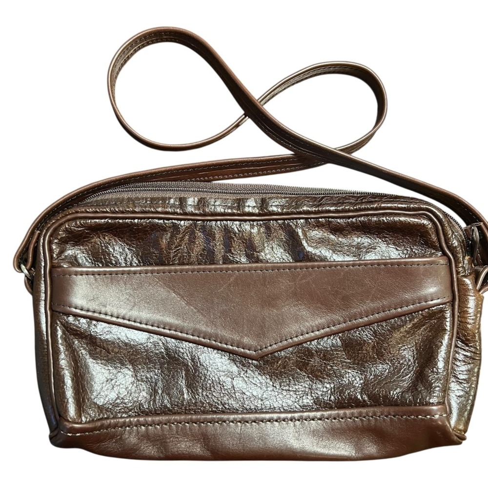 ☘️5/$25 Vintage Brown Real Leather Crossbody Bag Crinkle Texture Chocolate Y2K